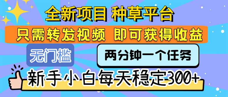 全新项目 种草平台 只需要转发任务视频 即可获得收益 新手小白每天300+-青年网赚
