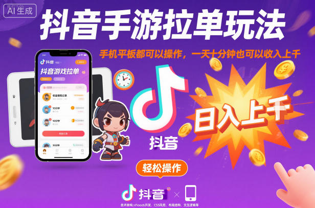 抖音手游拉单玩法，手机平板都可以操作，一天十分钟也可以收入上K【揭秘】-青年网赚