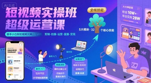 短视频实操班超级运营课，新手小白到短视频大神必修课程，剪辑-拍摄-运营-直播-变现-青年网赚