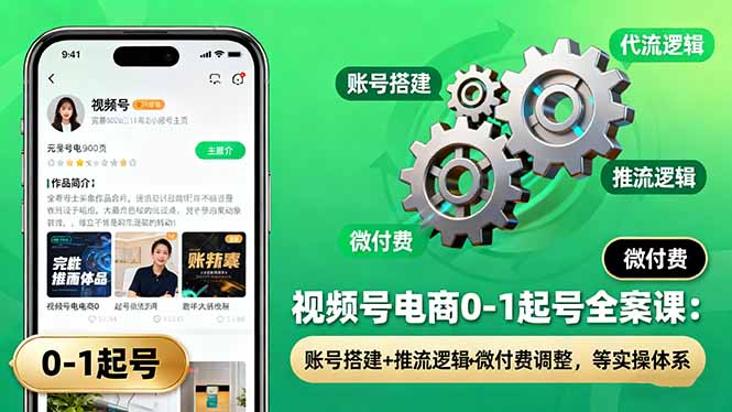 视频号电商0-1起号全案课：账号搭建+推流逻辑+微付费调整，等实操体系-青年网赚
