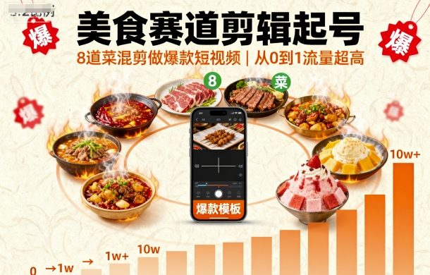 美食赛道剪辑起号，8道菜混剪做爆款短视频，从0到1，流量超高-青年网赚