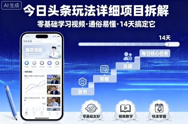 今日头条玩法详细项目拆解，零基础学习视频 通俗易懂 14天搞定它-青年网赚
