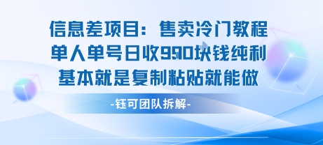 信息差项目：售卖冷门教程单人单号日收9张纯利基本就是复制粘贴就能做-青年网赚
