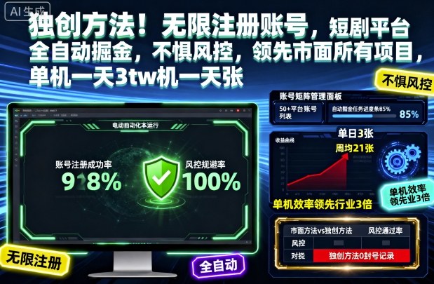 独创方法！无限注册账号，短剧平台全自动掘金，不惧风控，领先市面所有项目，单机一天3张【揭秘】-青年网赚